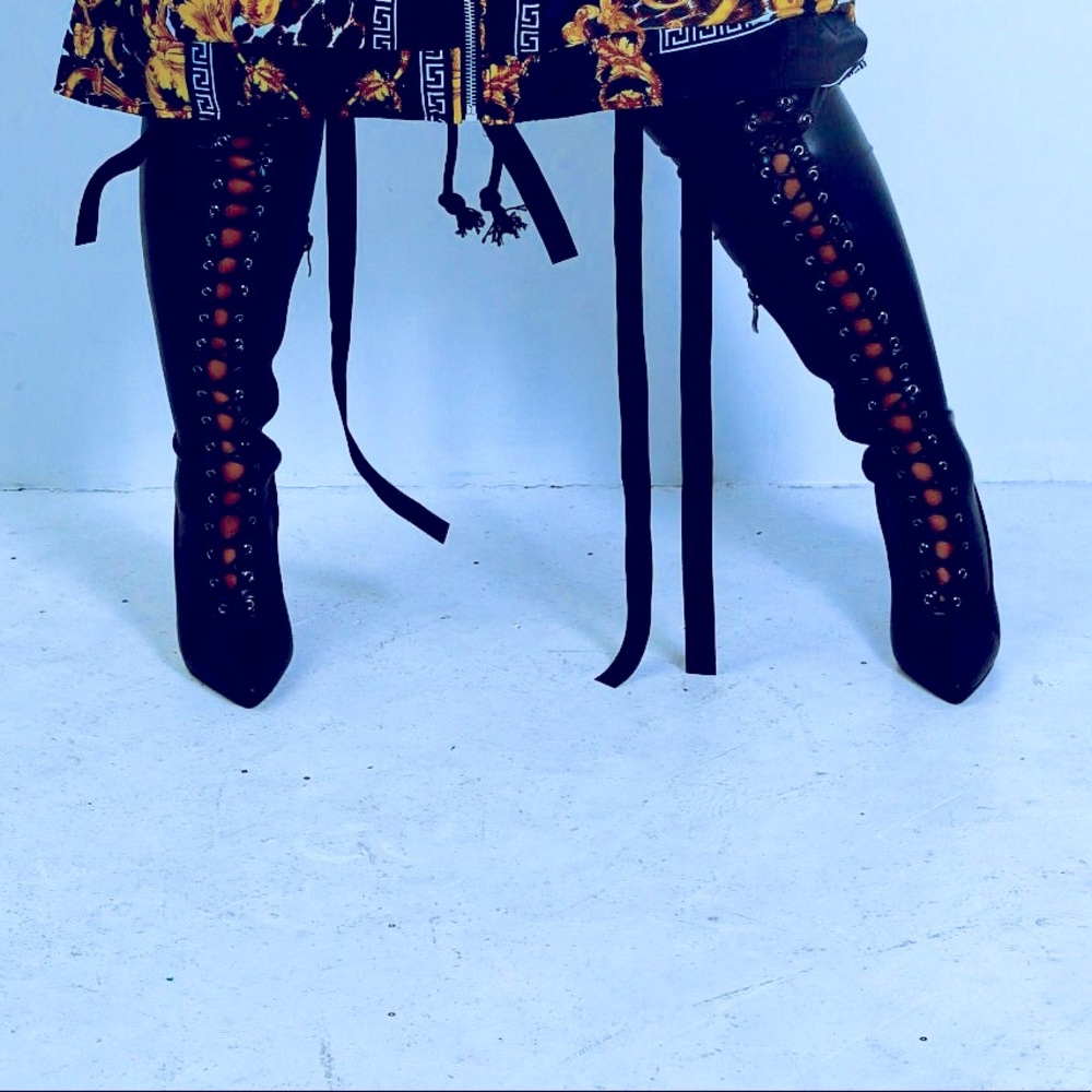 Xtina Sexy Black Leather Chap Thigh High Boots